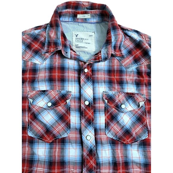 American Eagle Shirt Mens Small Red Blue Plaid Pearl Snap Western Vintage Fit AE - Picture 2 of 10